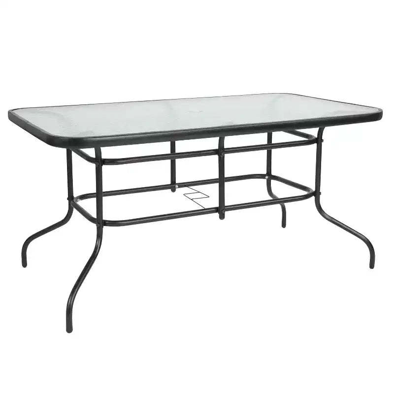 Emma and Oliver 31.5 x 55 Rectangular Tempered Glass Metal Table with Umbrella Hole