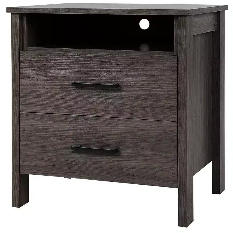 Costway Nightstand Drawers Rustic Side End Table Storage Compartment Cable Hole Oak\Walnut