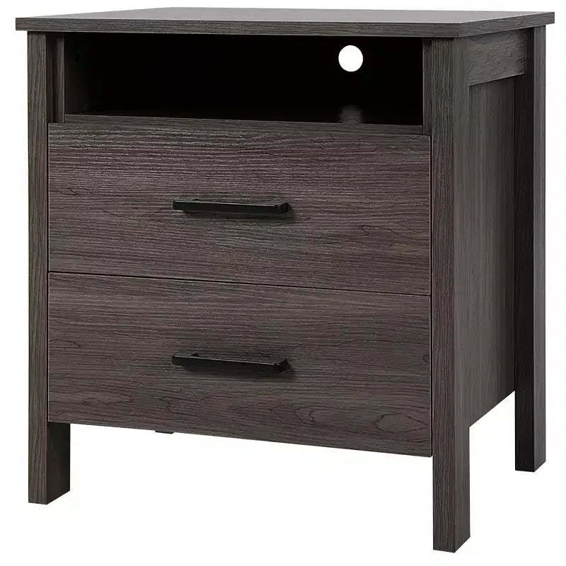 Costway Nightstand Drawers Rustic Side End Table Storage Compartment Cable Hole Oak\Walnut