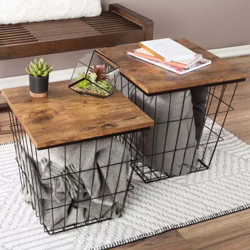End Table with Storage  Set of 2 Nesting Tables  Square Wire Basket Base and Wood Tops  Industrial Farmhouse Style Side Table by Lavish Home