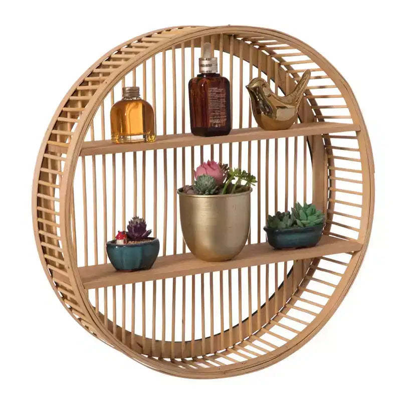 Vintiquewise Decorative Rattan Round Display Shelf With 2 Shelves for The Dining Room, Living Room, or Office.
