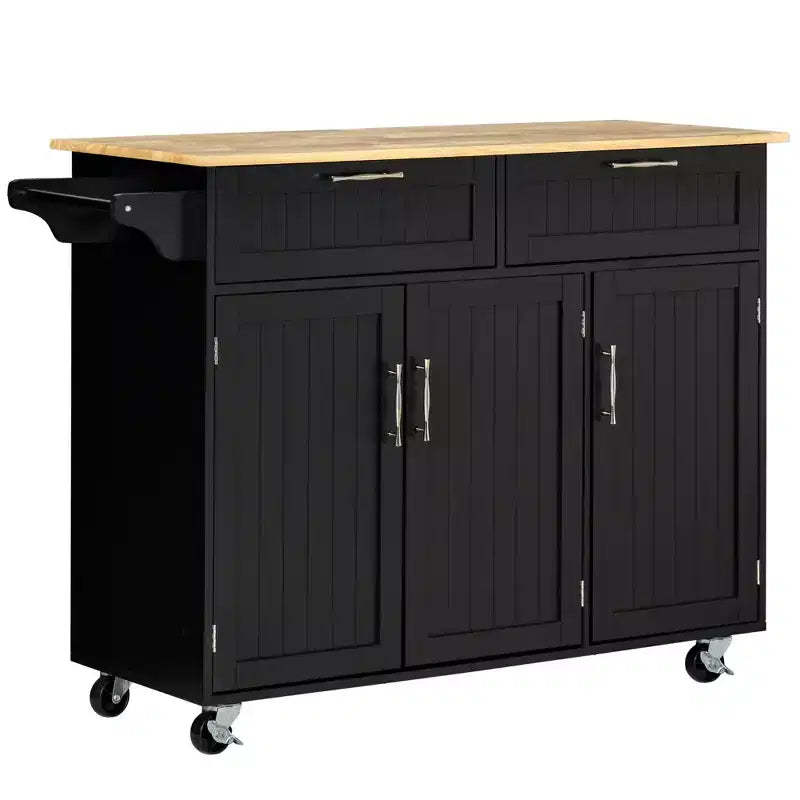 HOMCOM Modern Kitchen Island Cart on Wheels with Storage Drawers, Rolling Utility Cart with Adjustable Shelves, Cabinets and Towel Rack, Black