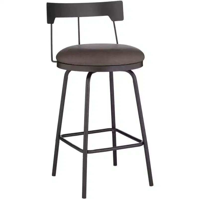 Elm Lane Maxwell Metal Swivel Bar Stool Matte Black 26 High Rustic Brown Leather Round Cushion with Low Backrest Footrest for Kitchen Counter Height