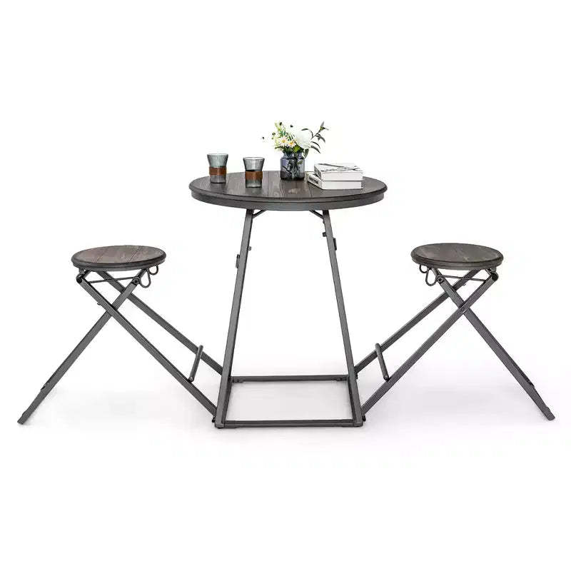 Costway 3-Piece Bar Table Set Round Pub Dining Table & 2 Foldable Stools w/ Metal Frame