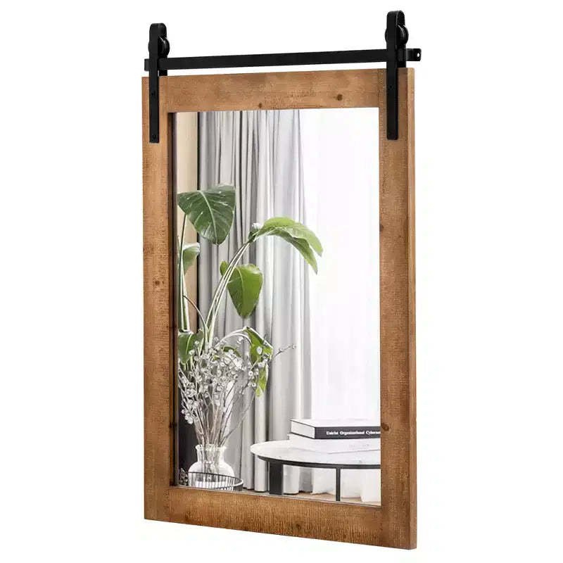 Costway 30''x22'' Wall Mount Mirror Decor Vanity Mirror Wood Frame Barn Door Style Brown