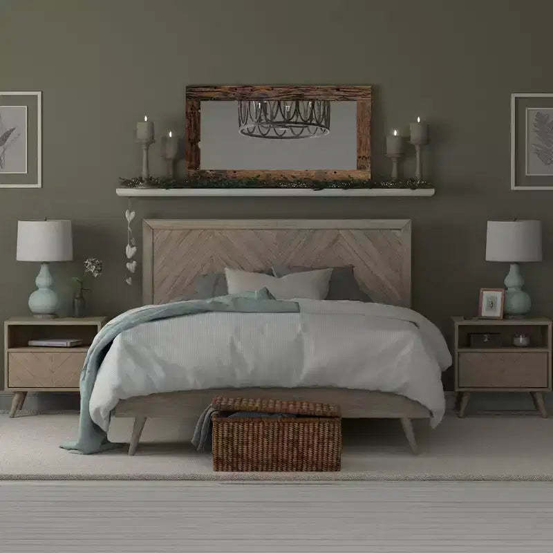Wooden Platform Bed Frame with Chevron Headboard - eLuxury