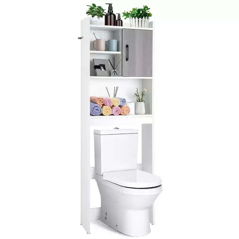 Costway Over The Toilet Storage Cabinet Bathroom Space Saver w/ Open Shelves & Door