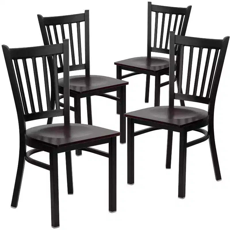Flash Furniture 4 Pk. HERCULES Series Black Vertical Back Metal Restaurant Chair - Mahogany Wood Seat