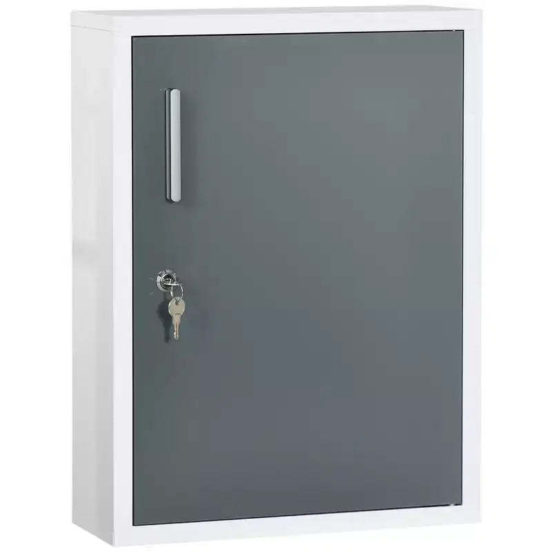 kleankin Bathroom Medicine Cabinet with Shelves Inside & On Door, Locking Medical Cabinet for Safety, First Aid Bathroom Wall Cabinet, White & Grey