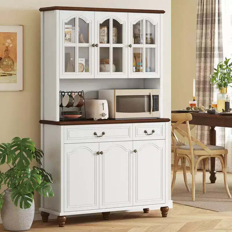 HOMCOM Kitchen Hutch Storage Cabinet with Antique Details, Feestanding Pantry Cabinet with 3-Level Adjustable Shelves, Dining Room Hutch, White