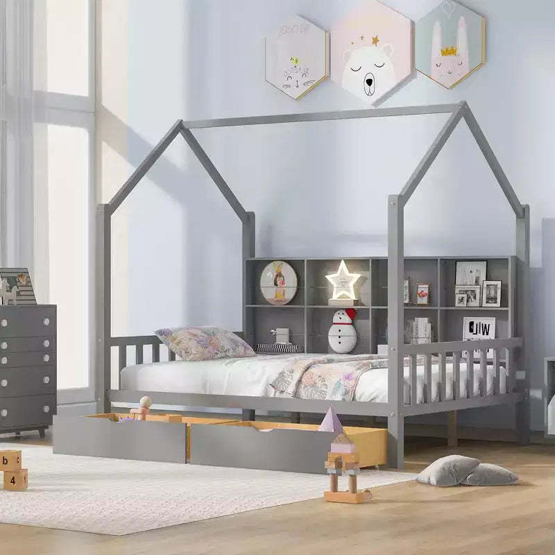 Wooden Platform House Bed with Trundle and Shelf-ModernLuxe