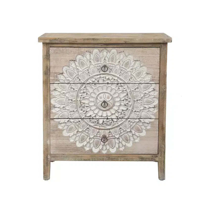 LuxenHome 3-Drawer 28.2 H x 25.2 W Natural Wood White Floral Accent Chest. Brown
