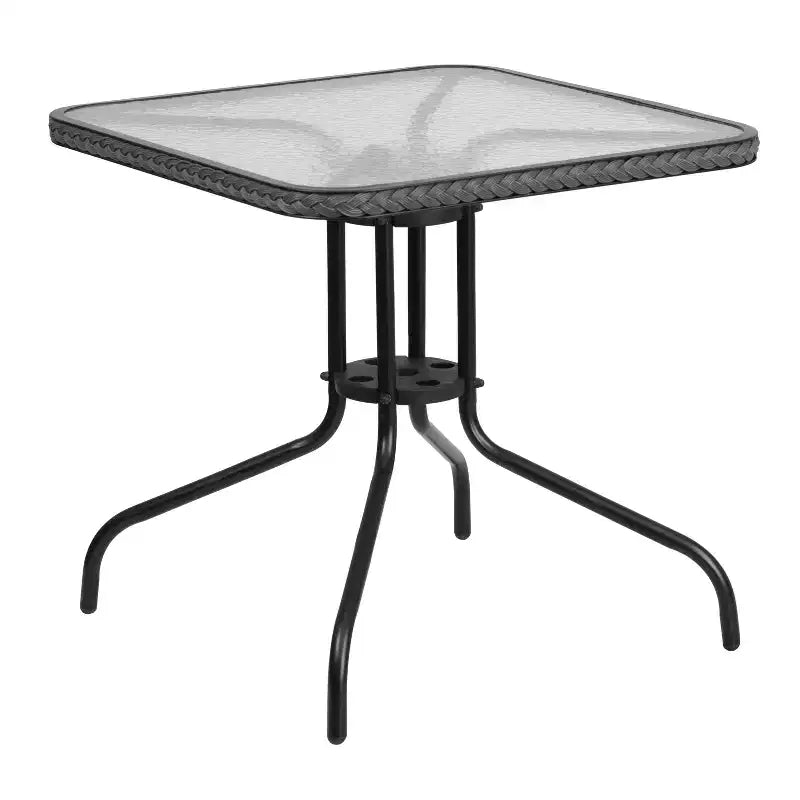 Emma and Oliver 28 Square Tempered Glass Metal Table with Rattan Edging