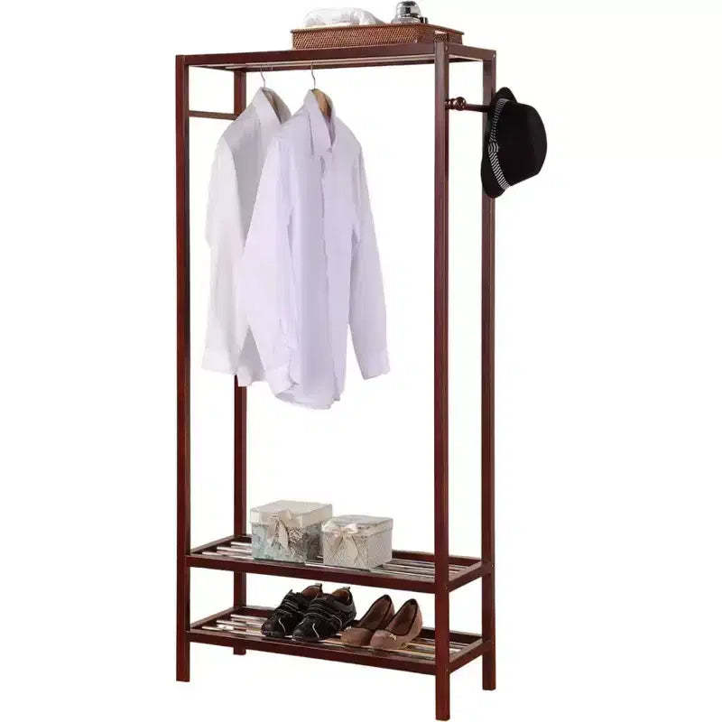 2 Tier Shelves Shoe Garment Wooden Coat Rack