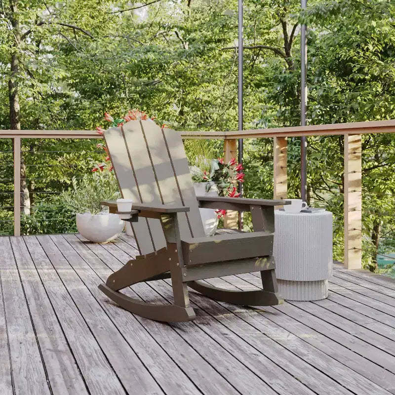 Flash Furniture Newport Adirondack Rocking Chair with Cup Holder, Weather Resistant HDPE Adirondack Rocking Chair