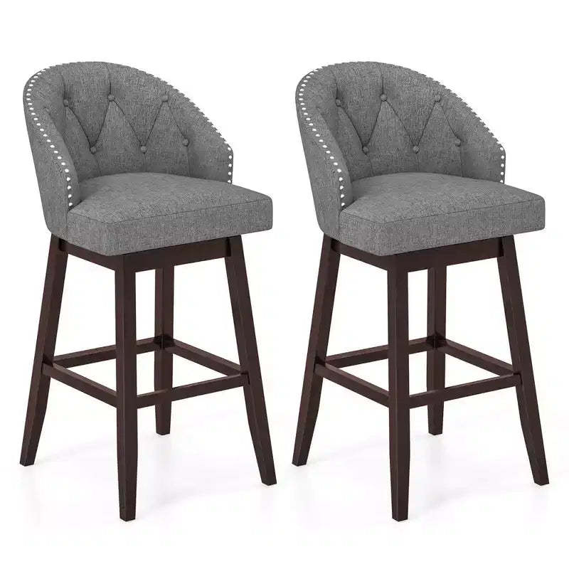 Costway Set of 2 Swivel Bar Stools Tufted Bar Height Pub Chairs with Rubber Wood Legs Grey/Beige