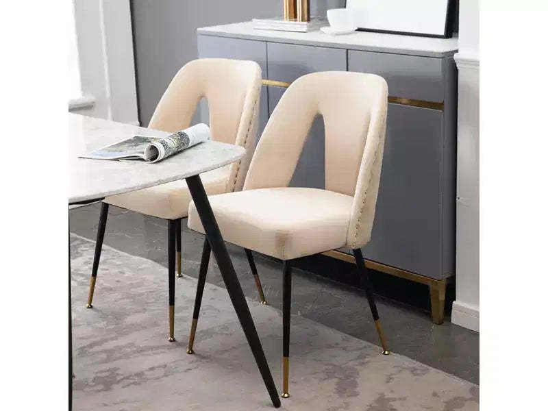 Set of 2 Modern Velvet Upholstered Dining Chair with Nailheads and Gold Tipped Black Metal Legs-ModernLuxe