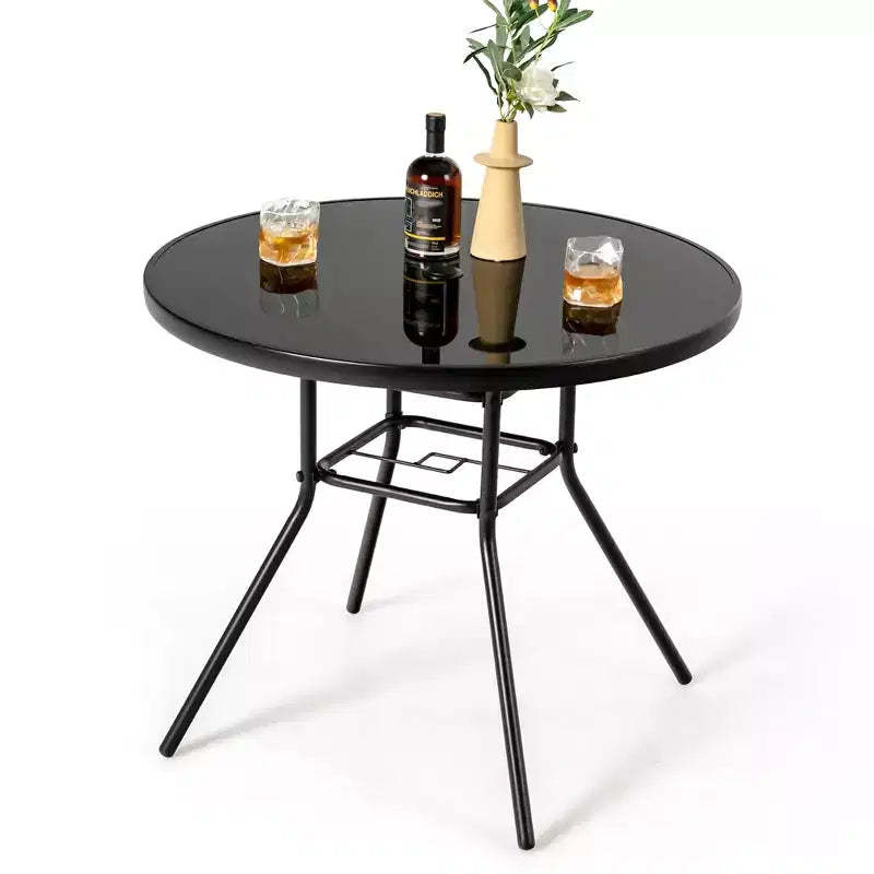 Costway 34 Inch Patio Dining Table Round Tempered Glass Tabletop with 1.5'' Umbrella Hole