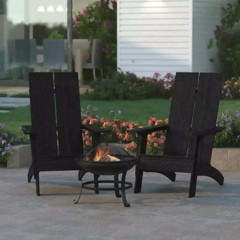 Emma and Oliver Set of 2 Modern All-Weather Poly Resin Adirondack Rocking Chairs with a Wood Burning Fire Pit for Outdoor Use