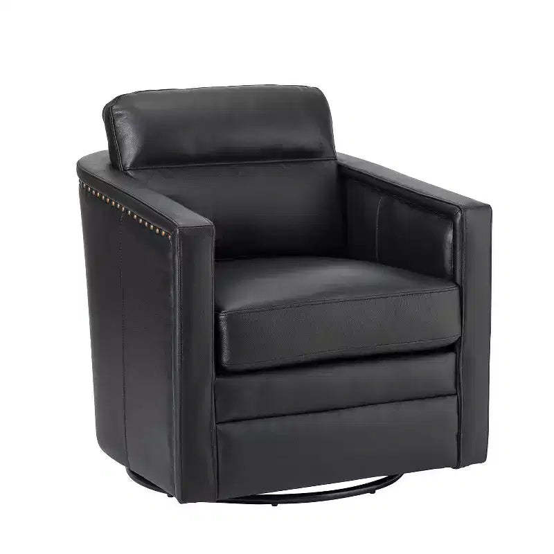 Eulalia 28.74 Wooden Upholstery Wide Genuine Leather Swivel Chair with Swivel Metal Base and Squared Arms| ART OF LIVING DESIGNS-BLACK