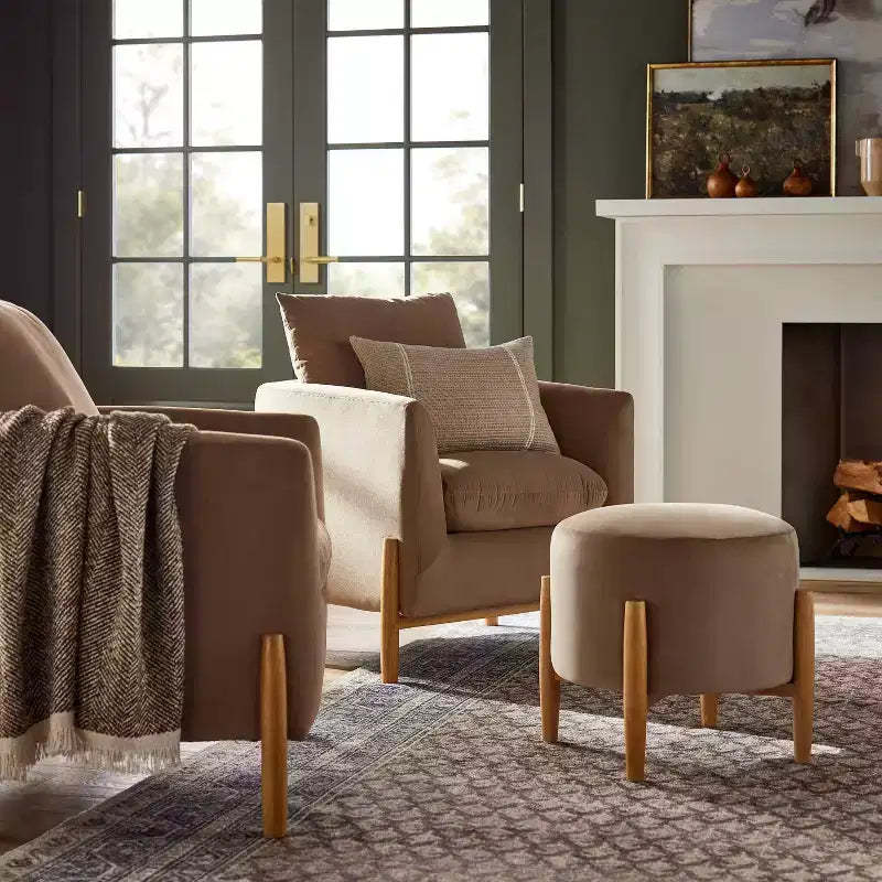 Elroy Round Velvet Ottoman with Wooden Legs - Threshold designed with Studio McGee
