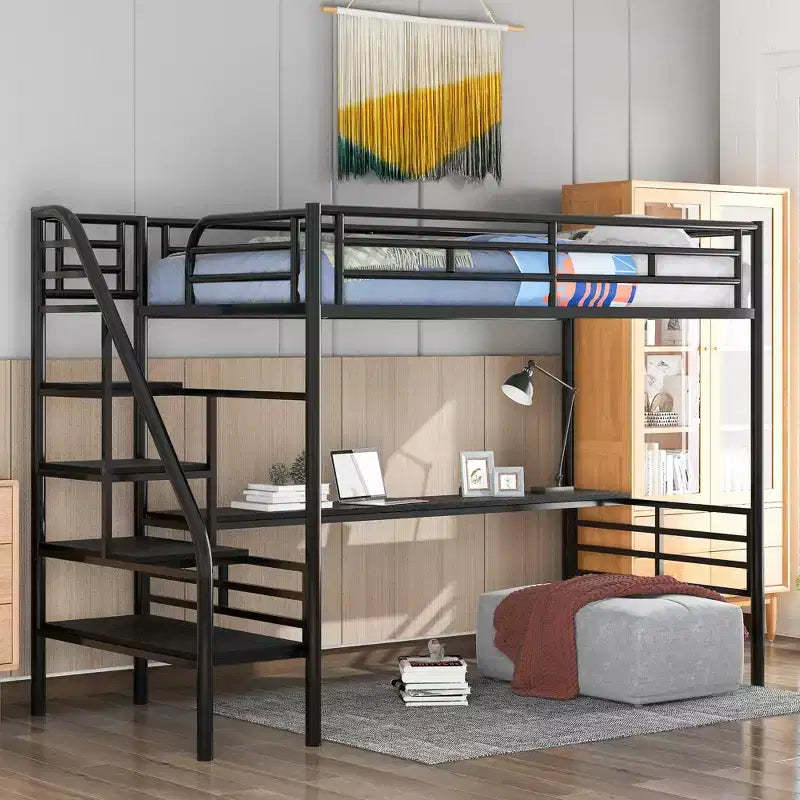 Metal Twin Size Loft Bed with Desk, Black - ModernLuxe