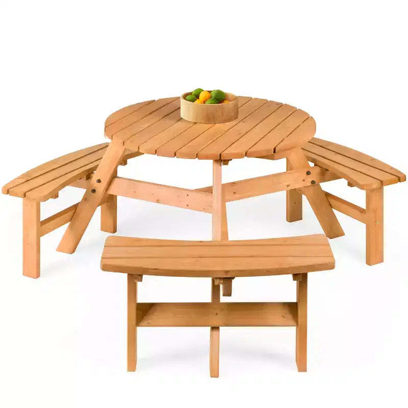 Best Choice Products 6-Person Circular Outdoor Wooden Picnic Table w/ 3 Built-In Benches, Umbrella Hole