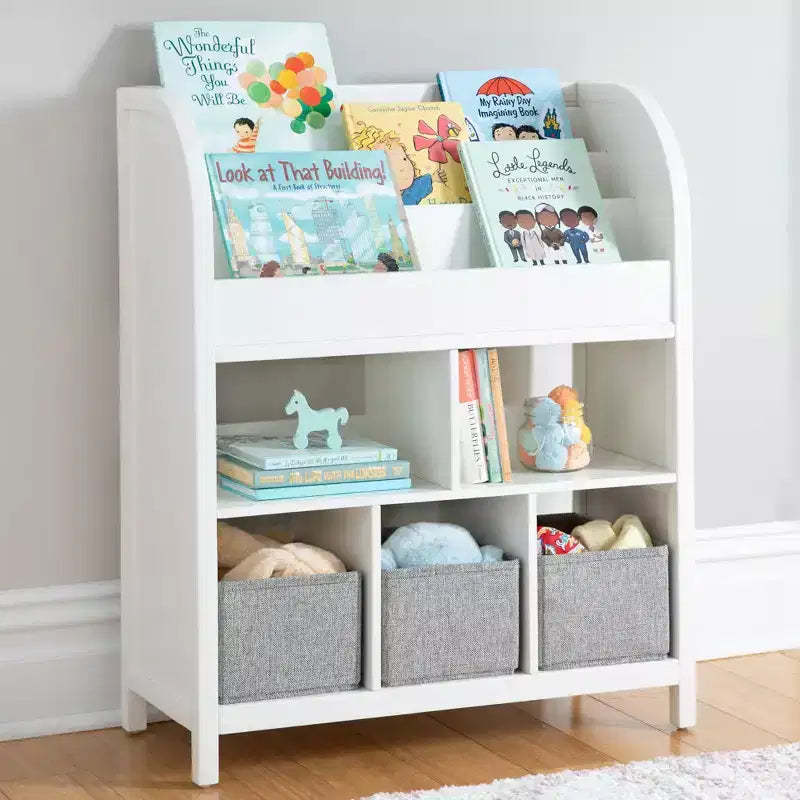 Martha Stewart Kids' Jr. Book and Bin Browser: Children's Bookshelf, Toy Storage with Book Display with Fabric Bins