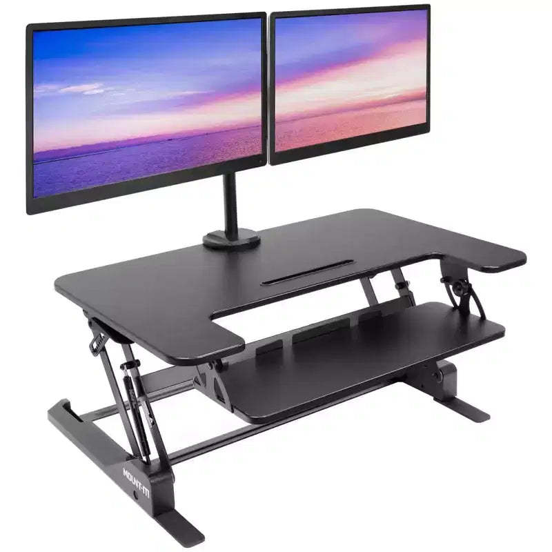 Mount-It! Height Adjustable Standing Desk Converter with Bonus Dual Monitor Mount Included - Wide 36 Inch Sit Stand Workstation with Gas Spring Lift