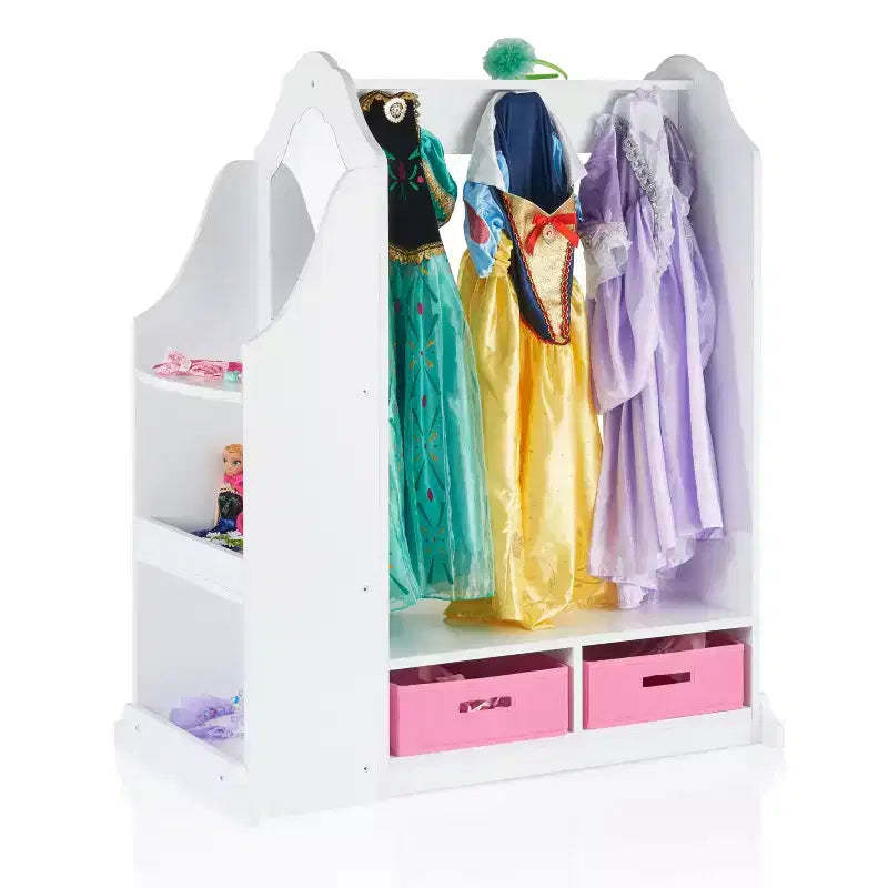 Guidecraft Kids' Dress Up Vanity- White: Children's Closet Organizer, Dress Up Armoire and Clothes Rack with Mirrors and Storage Bins