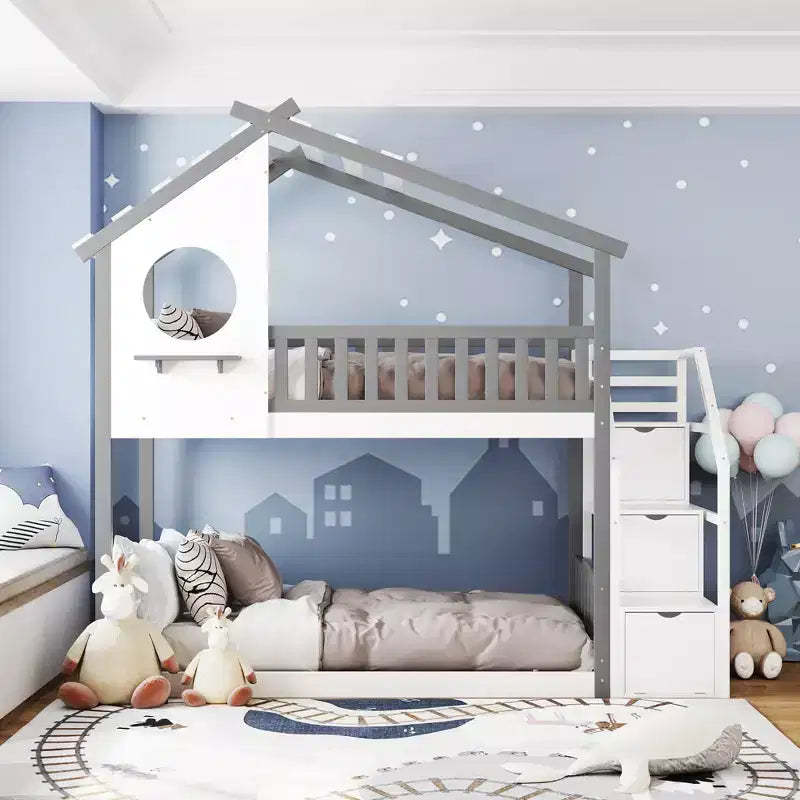 House Shape Twin-Over-Twin Double Bunk Bed with Storage Stairs - ModernLuxe