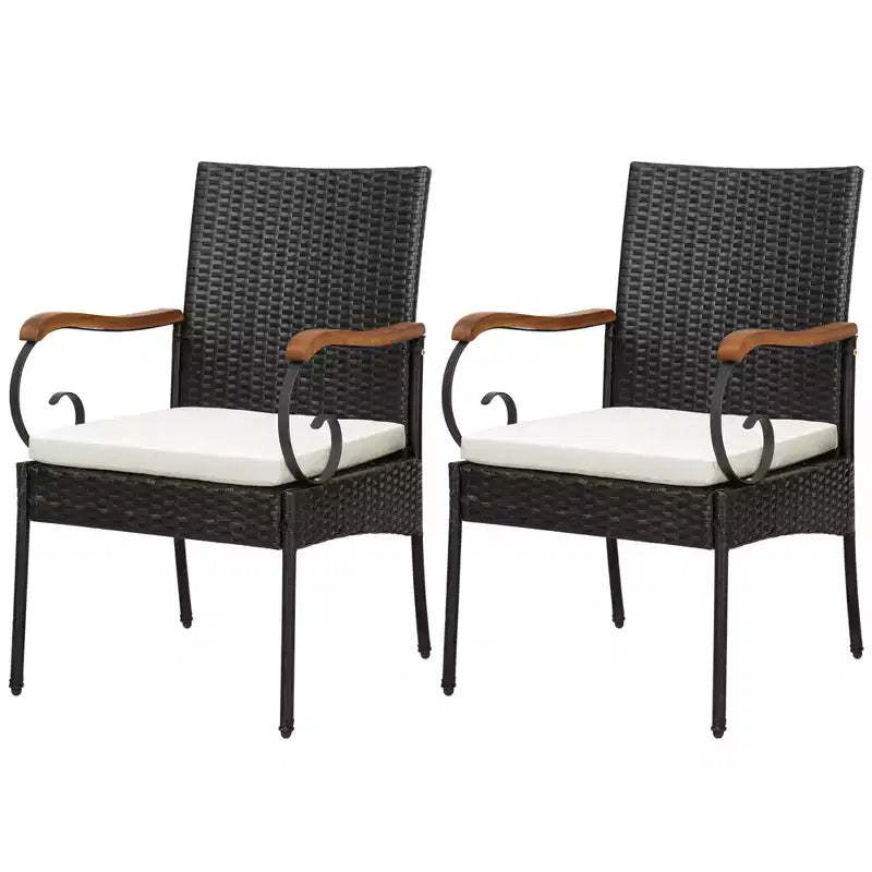 Costway Patio PE Wicker Chairs Acacia Wood Armrests with Soft Zippered Cushion Garden
