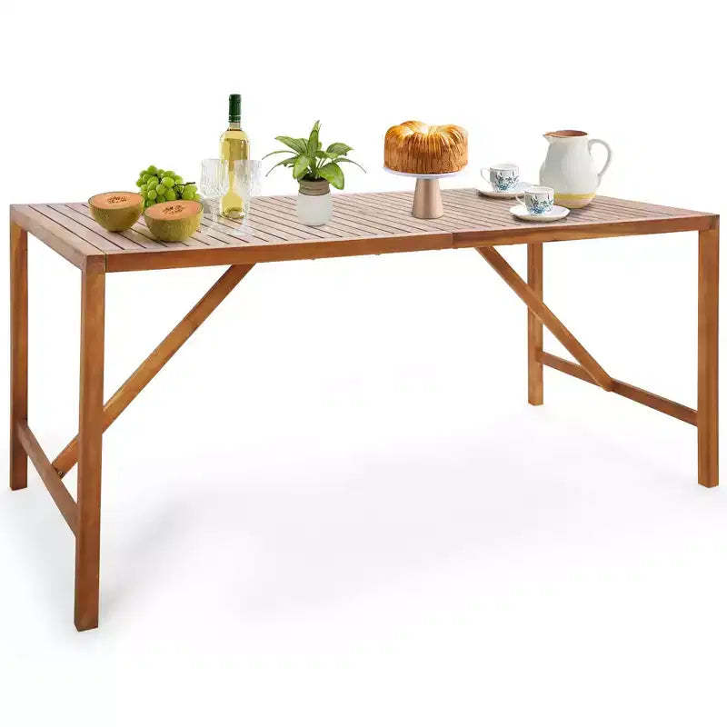 Costway Patio Rectangle Acacia Wood Dining Table Spacious Slatted Top Up to 6 Outdoor