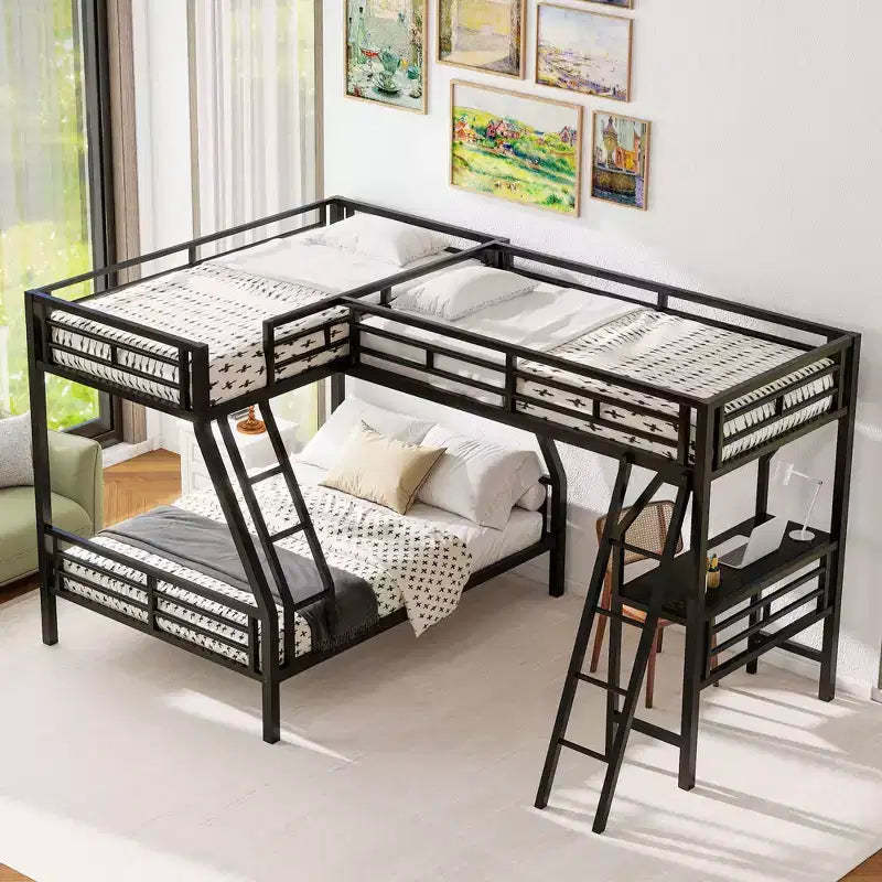 Twin over Full Metal Bunk Bed with Twin Size Loft Bed and Desk,Black -ModernLuxe