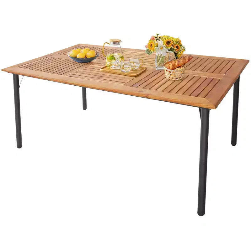 Costway Patio Rectangular Acacia Wood Dining Table with 1.9''Umbrella Hole Indoor&Outdoor