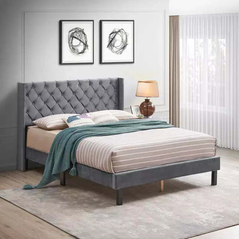 Queen Size Velvet Button Tufted Upholstered Platform Bed, Gray - ModernLuxe