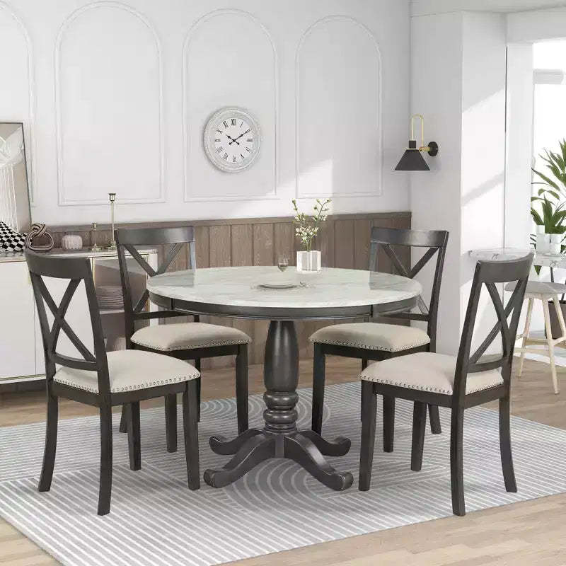 5-Piece Dining Set with Solid Wood Table and 4 Chairs, Gray - ModernLuxe