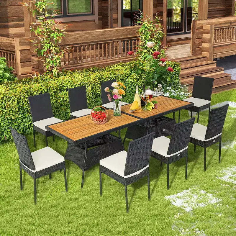 Costway 10 PCS Patio Rattan Dining Set Rectangular Wood Top Tables Cushioned Chair Garden