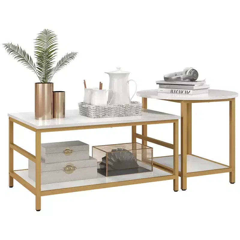 HOMCOM Coffee Tables Set of 2, Rectangle and Round Coffee Table with Storage Shelves, Faux Marble Top and Steel Frame, White