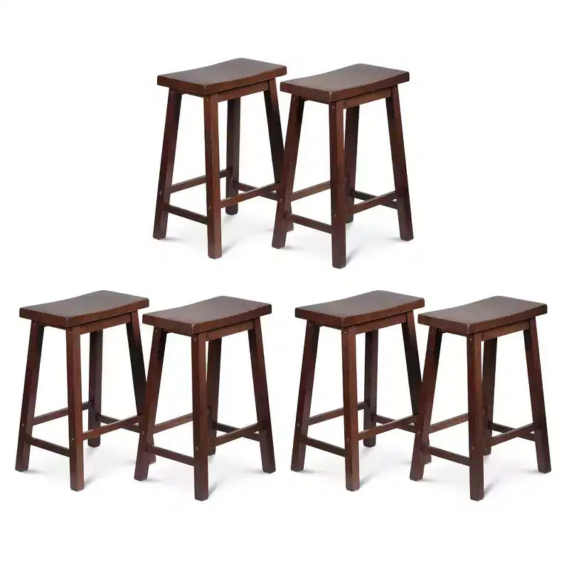 PJ Wood Classic Saddle-Seat 24 Tall Kitchen Counter Stools for Homes, Dining Spaces, and Bars w/ Backless Seats, 4 Square Legs, Walnut (Set of 6)