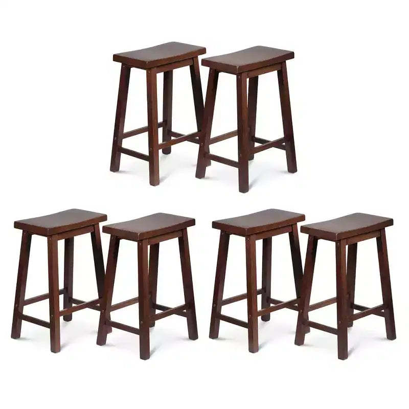PJ Wood Classic Saddle-Seat 24 Tall Kitchen Counter Stools for Homes, Dining Spaces, and Bars w/ Backless Seats, 4 Square Legs, Walnut (Set of 6)