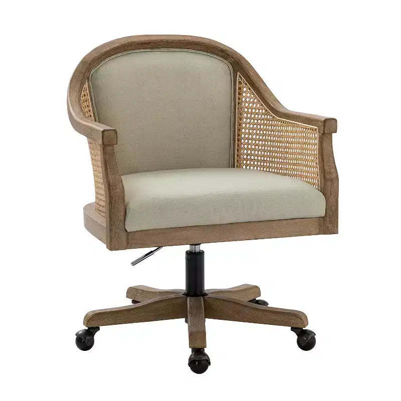 Danilo Swivel Barrel Task Chair with Rattan Arms and natural linen blend & foam cushion| ARTFUL LIVING DESIGN