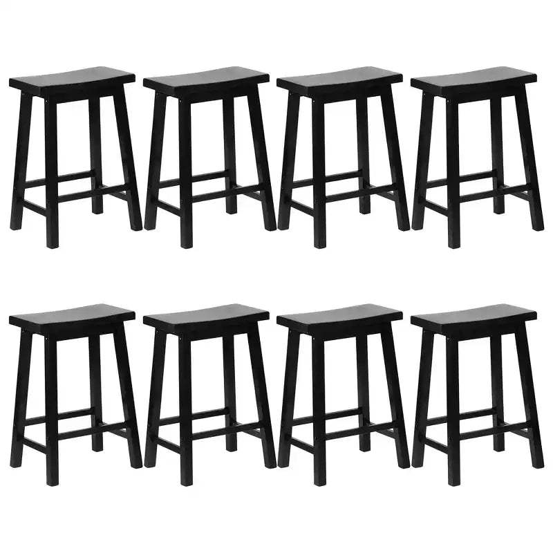 PJ Wood Classic Saddle-Seat 24 Tall Kitchen Counter Stools for Homes, Dining Spaces, and Bars w/Backless Seats, 4 Square Legs, Black (Set of 8)