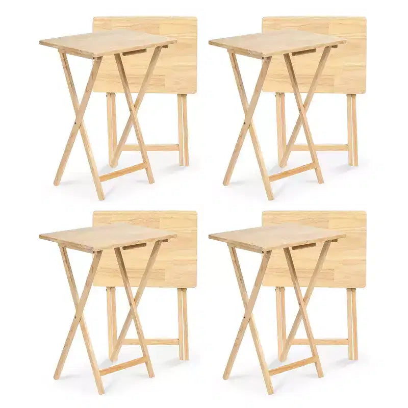 PJ Wood Rectangular Folding Portable TV Snack Serving Tray Table, Solid Wood Construction with Natural Finish (8-Piece Set)