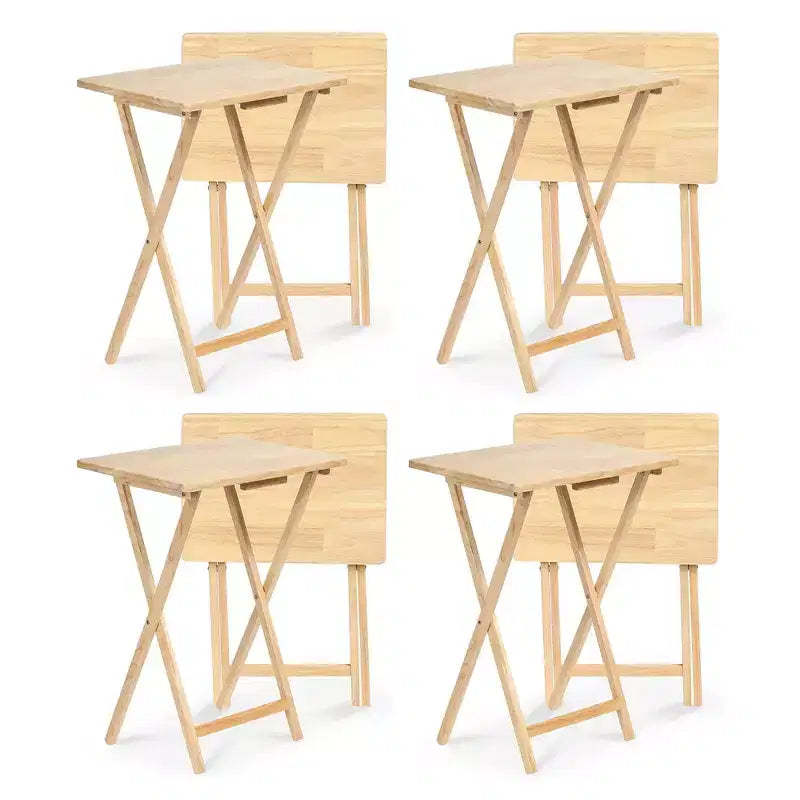 PJ Wood Rectangular Folding Portable TV Snack Serving Tray Table, Solid Wood Construction with Natural Finish (8-Piece Set)