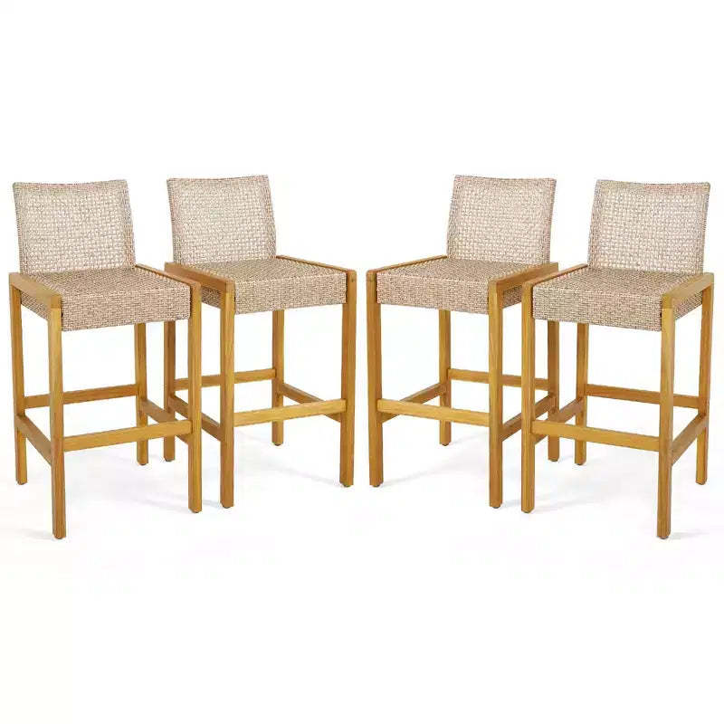 Costway Set of 4 Patio Wood Barstools Rattan Bar Height Chairs with Backrest Porch Balcony