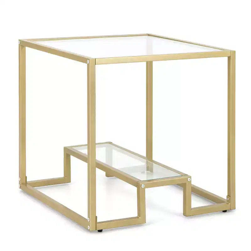 Costway 22'' 2-Tier Sofa Side Table Square Metal Frame for Living Room Bedroom Bronze