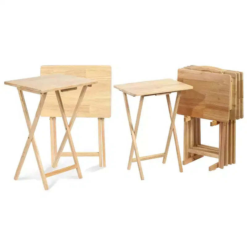 PJ Wood Solid Wood Construction Rectangle Folding Portable TV Snack Serving Tray Table with Compact Storage Rack, Natural (Set of 7)