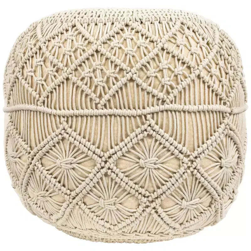 Northlight 18 Solid Cream Macrame Round Handmade Natural Cotton Pouf Ottoman