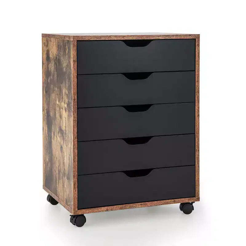 Costway 5 Drawer Chest Storage Dresser Floor Cabinet Organizer with Wheels Rustic Brown